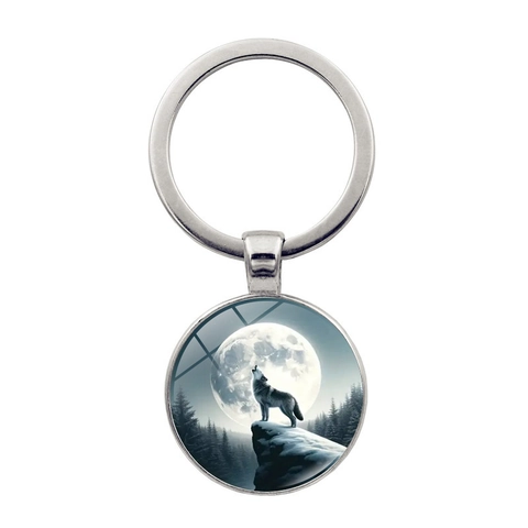 Wolf Geheul Am Mond Zeitstein Schlüsselanhänger Zinklegierung Glas Metall Schlüsselring Für Auto Tasche Anhänger Schmuck Geschenk