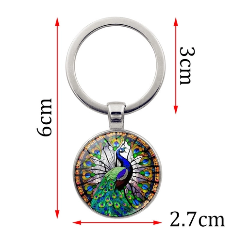 Vintage Zinklegering Pauw Patroon Sleutelhanger Ronde Glas Cabochon Hanger Creatieve Metalen Sleutelring Voor Tassen Auto Sleutels Cadeau