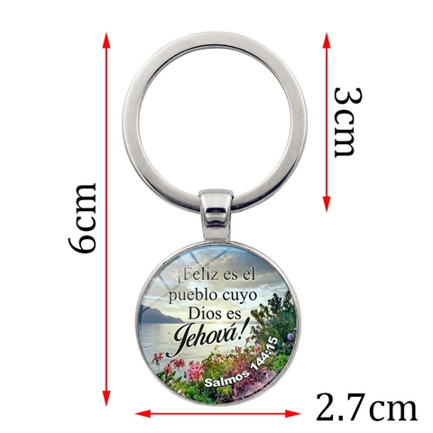 Spanish Bible Verse Salmos 144:15 Zinc Alloy Glass Metal Keychain With Landscape Pendant Round Key Ring For Religious Gifts