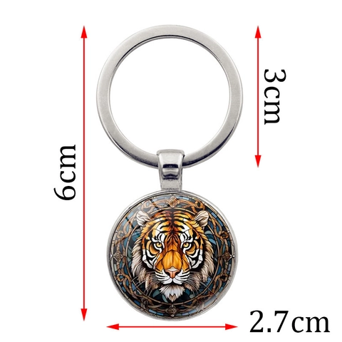 Portachiavi Testa di Tigre Vintage in Lega di Zinco Metallo Anello Rotondo Cabochon di Vetro Motivo Animale Ornamento Regalo