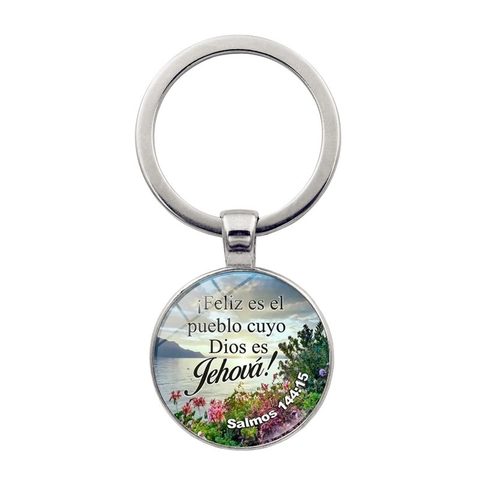 Spanish Bible Verse Salmos 144:15 Zinc Alloy Glass Metal Keychain With Landscape Pendant Round Key Ring For Religious Gifts