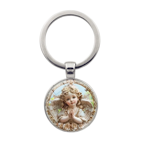 Portachiavi in Lega di Zinco con Ali d'Angelo Vintage con Pendente in Vetro Angelo in Preghiera Rilievo a Rosa Donna