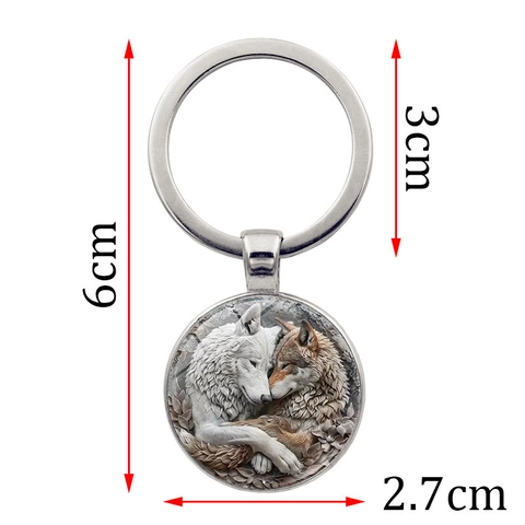 Couple Wolf Time Gemstone Glass Pendant Keychain Retro Zinc Alloy Metal Key Ring Lovers Gift Christmas Valentine Decor