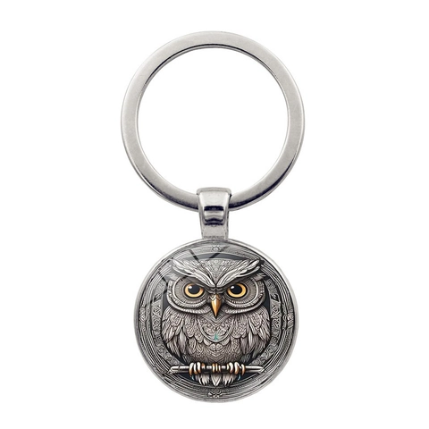 Portachiavi in Vetro Cabochon con Arte Gufo di Moda in Lega di Zinco Metallo Pendente con Motivo Gufo Retro per Uomo Donna Regalo
