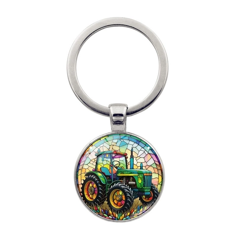 Vintage Groene Tractor Glas Cabochon Metalen Sleutelhanger Creatieve Auto Tas Hanger Zinklegering Voor Mannen Vrouwen Cadeau