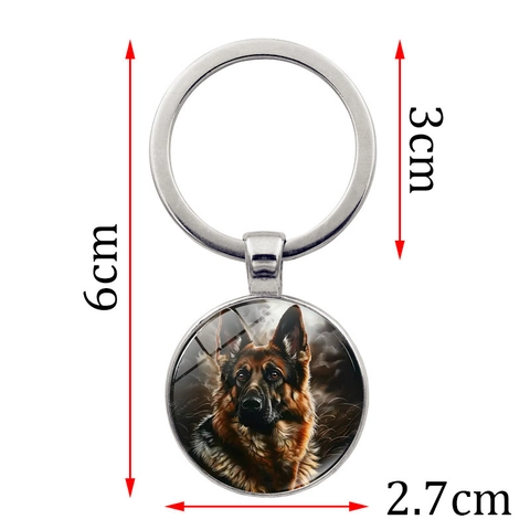 Vintage German Shepherd Dog Metal Keychain Zinc Alloy Glass Time Gemstone Round Pendant Bag Charm For Pet Lovers Gift