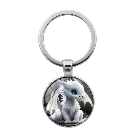 Portachiavi Fantasy Cartoon Drago Bianco Gemma del Tempo Lega di Zinco Metallo Pendente Tondo Vetro Charme Per Portachiavi Borsa