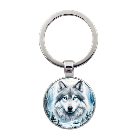 Portachiavi Testa di Lupo delle Nevi Invernale In Lega Con Ciondolo in Vetro Cabochon Ritratto di Lupo della Foresta Regalo Creativo Unisex