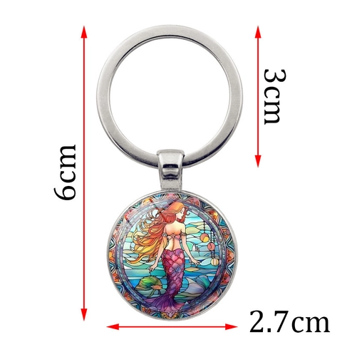 Porte-clés Sirène Style Vitrail Rond en Alliage de Zinc Anneau de Clé Rétro Bronze Antique Argent Pendentif Accessoires de Sac