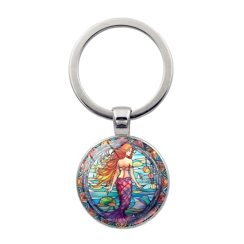 Porte-clés Sirène Style Vitrail Rond en Alliage de Zinc Anneau de Clé Rétro Bronze Antique Argent Pendentif Accessoires de Sac