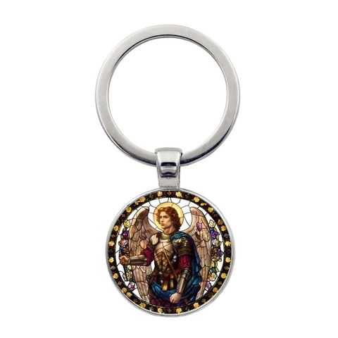 Erzengel Michael Schlüsselanhänger Religiöse Zinklegierung Glas Anhänger Vintage Buntglas Kunst Schlüsselring Für Auto Tasche Dekoration