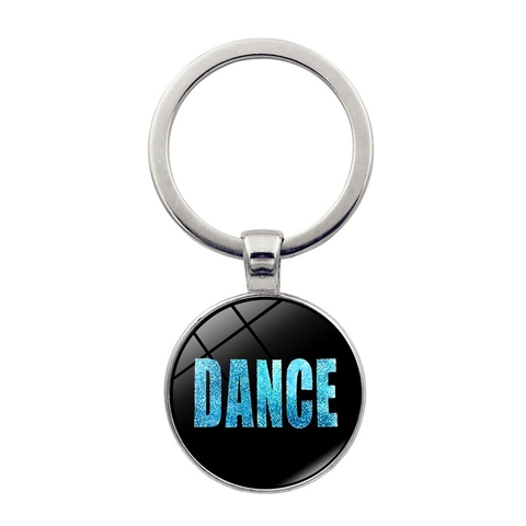 Mode Metall DANCE Buchstabe Schlüsselanhänger Rund Glas Cabochon Glitzer Anhänger Für Tasche Auto Schlüsselring Damen Herren Schmuck