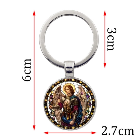Erzengel Michael Schlüsselanhänger Religiöse Zinklegierung Glas Anhänger Vintage Buntglas Kunst Schlüsselring Für Auto Tasche Dekoration