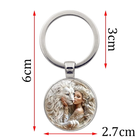 Portachiavi Artistico Leone e Donna Gemma del Tempo Vintage Lega di Zinco Vetro Cabochon Illustrazione Fantasy Ornamento
