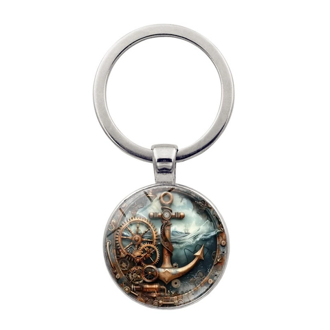 Lussuoso Portachiavi Nautico Steampunk con Ancora Ingranaggi Onde Ciondolo in Vetro Cabochon Lega di Metallo Regalo Retro Unisex