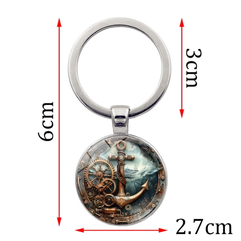 Lussuoso Portachiavi Nautico Steampunk con Ancora Ingranaggi Onde Ciondolo in Vetro Cabochon Lega di Metallo Regalo Retro Unisex