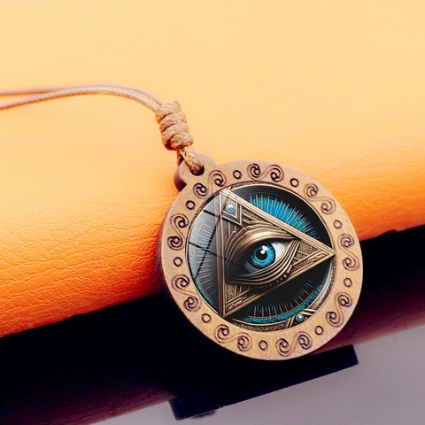Collana Vintage Pendente Occhio Della Provvidenza in Lega e Vetro Simbolo Egiziano Corda di Cera Marrone Gioielli Unisex