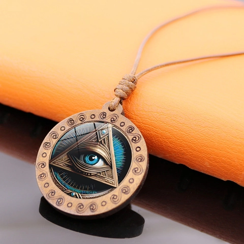Collana Vintage Pendente Occhio Della Provvidenza in Lega e Vetro Simbolo Egiziano Corda di Cera Marrone Gioielli Unisex