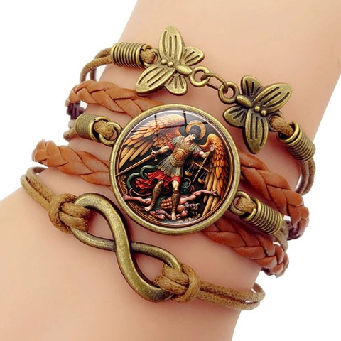 Erzengel Michael Gewebtes Armband Vintage Kunstleder Legierung Glas Unendlich Schmetterling Religiöser Schmuck Geschenk Unisex
