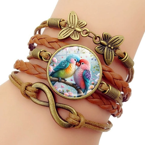 Vintage Meerlaags Gevlochten Kunstleren Armband Voor Dames Oneindigheid Vlinder Kleurrijke Dwergpapegaaien Papegaai Tijd Edelstein