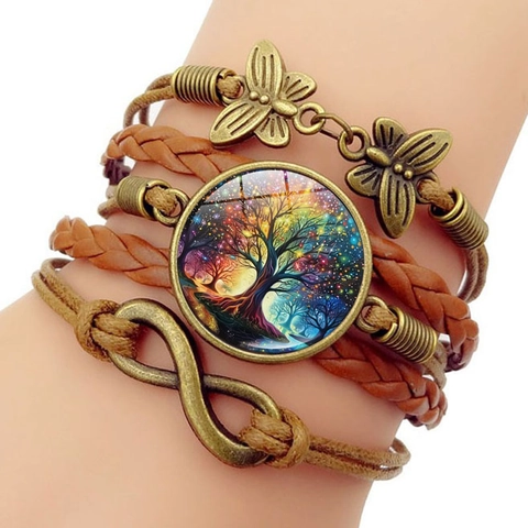 Böhmisches Mehrlagiges Kunstleder Armband Für Damen Retro Lebensbaum Glas Cabochon Unendlichkeit Schmetterling Charm Armband Schmuck