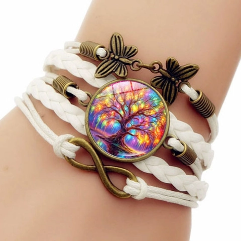 Pulsera de Cuero Sintético con Patrón de Árbol de la Vida Retro para Mujer Infinito Mariposa Multicapa Tejida Joyería Hecha a Mano