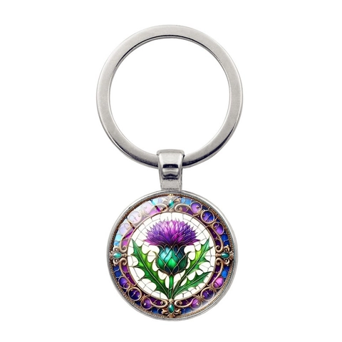Portachiavi Vintage in Lega di Zinco con Cabochon in Vetro a Forma di Cardo Pendente Motivo Floreale Viola Portachiavi per Uomo Donna Gioielli