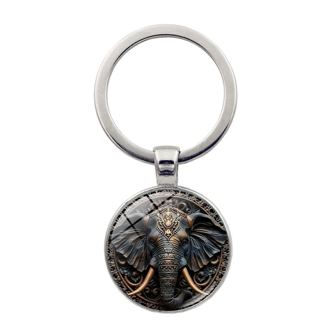 Vintage Etnisch Olifant Patroon Metalen Sleutelhanger Ronde Glas Cabochon Hanger Zinklegering Sleutelring Voor Tas Auto