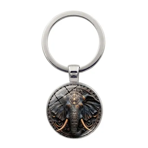 Vintage Etnisch Olifant Patroon Metalen Sleutelhanger Ronde Glas Cabochon Hanger Zinklegering Sleutelring Voor Tas Auto