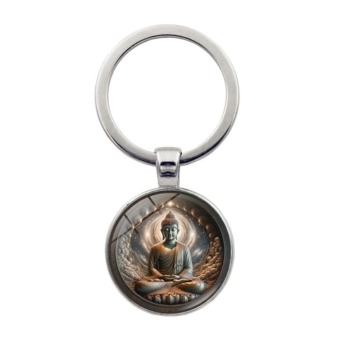 Portachiavi con Cabochon in Vetro Arte Meditazione Buddha Ciondolo in Lega di Zinco Spirituale Religioso Accessorio Borsa Regalo