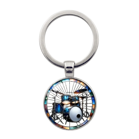 Portachiavi in Metallo con Motivo a Batteria Gemma del Tempo Cabochon in Vetro Tondo per Batteristi Musicisti Regali Bronzo Argento
