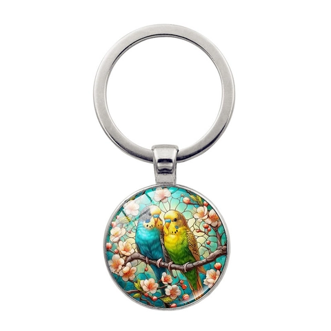 Portachiavi con Ciondolo Pappagalli su Rami Anello Rotondo in Metallo Cabochon in Vetro Illustrazione Uccelli Decorazione Borsa Donna Regalo Creativo