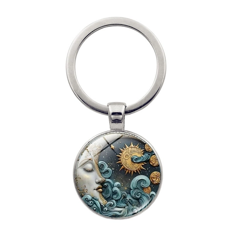 Vintage Himmlische Sonne Mond Göttin Schlüsselanhänger Legierung Metall Glas Cabochon Schlüsselring Auto Tasche Anhänger Geschenk
