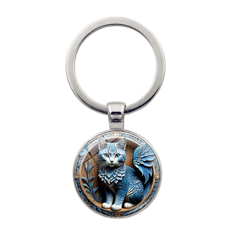 Porte-clés en Alliage de Zinc et Verre Motif Chat Ailé Bleu Fantaisie Pendentif Vintage Argent Bronze Antique Bijou Cadeau