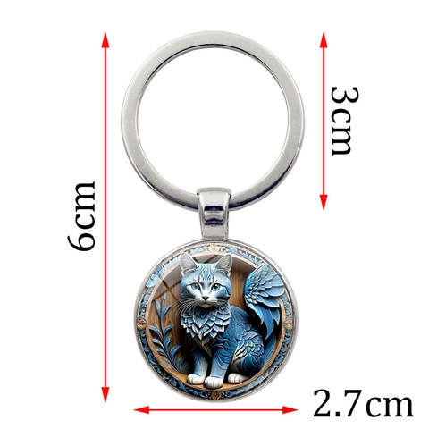 Porte-clés en Alliage de Zinc et Verre Motif Chat Ailé Bleu Fantaisie Pendentif Vintage Argent Bronze Antique Bijou Cadeau