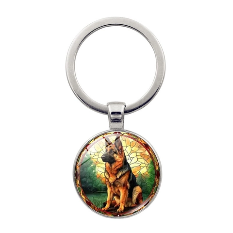 German Shepherd Dog Art Glass Cabochon Keychain Zinc Alloy Metal Ring Antique Bronze Silver Keyring Pet Lover Gift