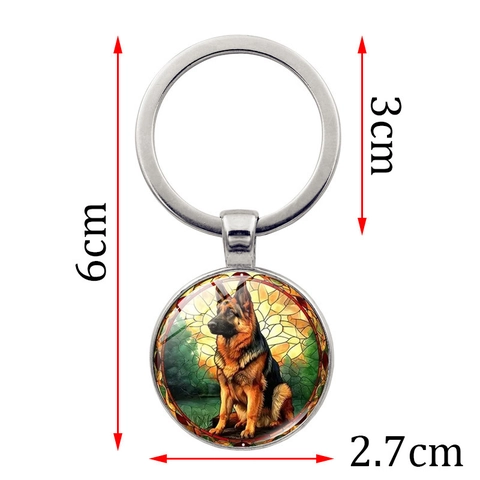 German Shepherd Dog Art Glass Cabochon Keychain Zinc Alloy Metal Ring Antique Bronze Silver Keyring Pet Lover Gift