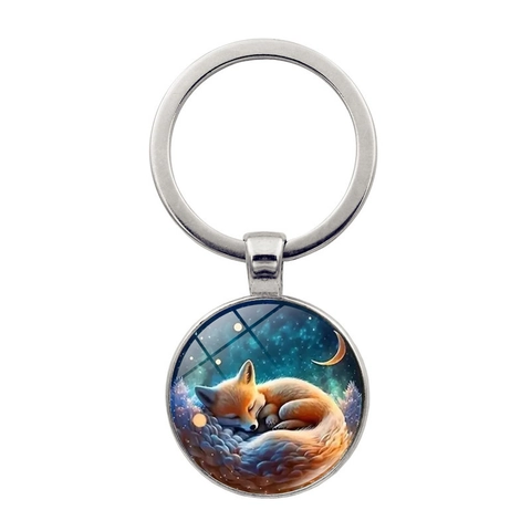 Schlafender Fuchs Mond Stern Nachthimmel Zeit Juwel Schlüsselanhänger Zinklegierung Glas Anhänger Schlüsselring Für Taschen Autoschmuck Zubehör