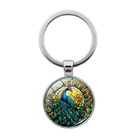 Künstlerischer Pfau Glas Cabochon Schlüsselanhänger Silber Legierung Schlüsselring Farbiges Vogelmuster Tasche Anhänger Schmuck Geschenk