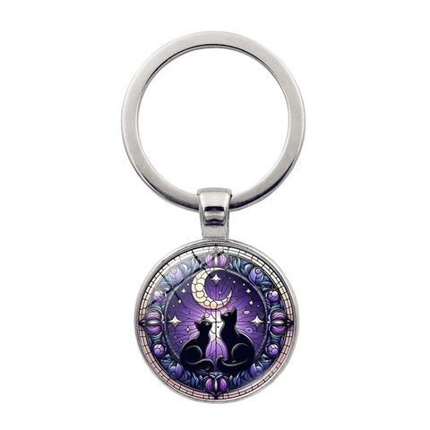 Llavero Artístico de Cristal Cabujón Gato Negro Luna Colgante Redondo de Aleación Plata Anillo de Llave Amuleto de Bolso Regalo