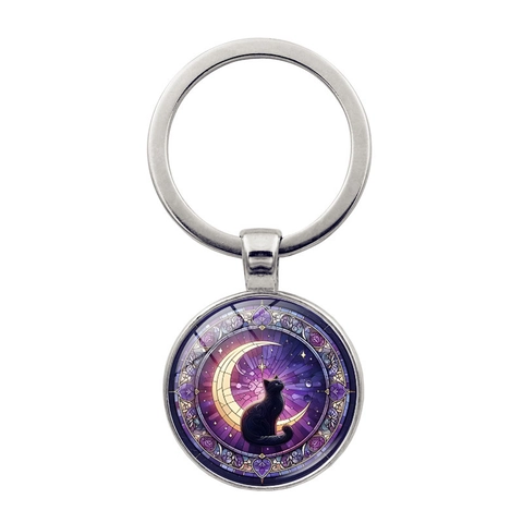 Llavero Artístico de Cristal Cabujón Gato Negro Luna Colgante Redondo de Aleación Plata Anillo de Llave Amuleto de Bolso Regalo