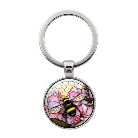 Biene Muster Metall Schlüsselanhänger Rund Glas Patch Künstlerische Buntglas Stil Anhänger Schlüsselring Tasche Charme Geschenk