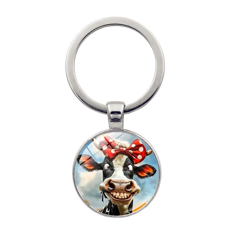 Funny Cartoon Cow Pattern Metal Keychain Round Glass Time Gem Pendant Key Ring For Car Bag Charm Gift For Men Women