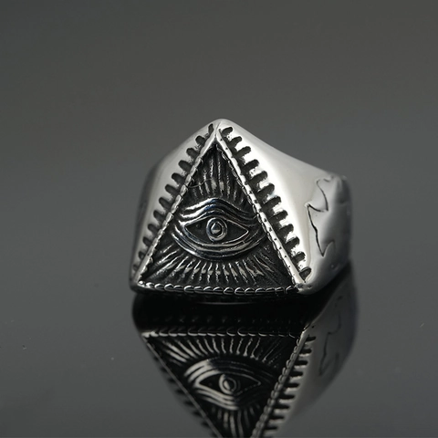 Vintage Viking Stainless Steel All Seeing Eye Ring For Men Retro Gothic Eye Of Providence Triangle Cross Relief Jewelry