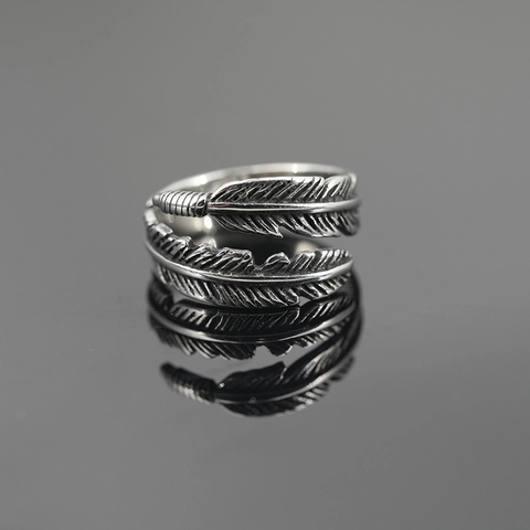 Retro Titanium Steel Feather Open Ring For Men Personalized Punk Style Distressed Silver Feather Adjustable Band Ring Street Jewelry