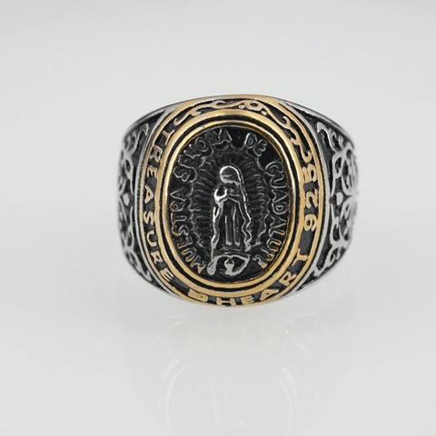 Bague Chevalière Religieuse Vintage Notre-Dame De Guadalupe Vierge Marie Acier Titane Bicolore Vigne Sculptée Bague Punk