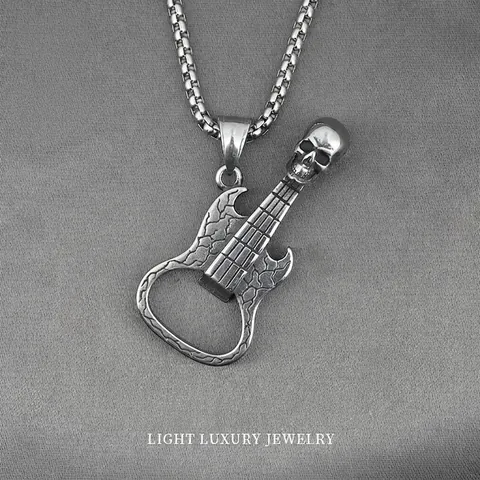 Retro Titanium Steel Skull Guitar Pendant Necklace For Men Punk Gothic Style Bottle Opener Accessory Jewelry