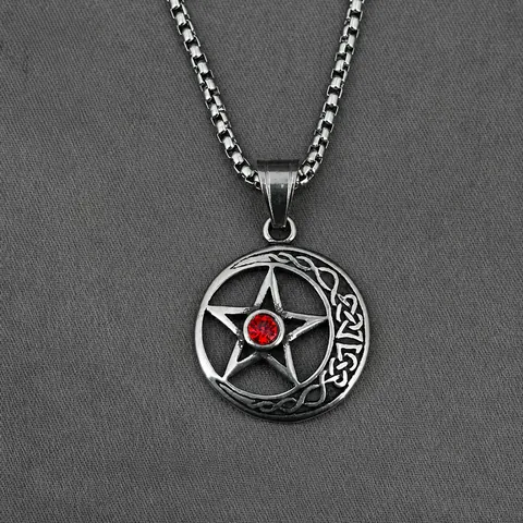 Collar con Colgante de Pentagrama y Luna Creciente Gótico Vintage de Acero de Titanio Plata Antigua Nudo Celta Joyería para Hombre