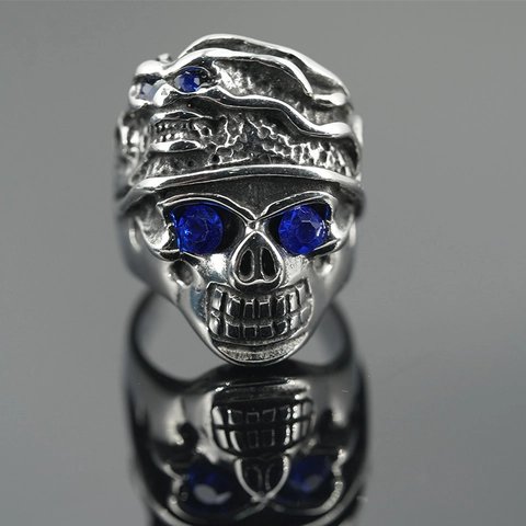 Men's Gothic Skull Ring With Blue Rhinestones Titanium Steel Retro Punk Rock Exaggerated Ghost Face Biker Ring Jewelry
