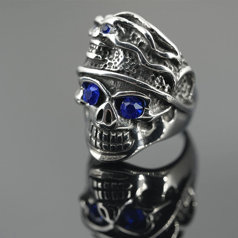 Men's Gothic Skull Ring With Blue Rhinestones Titanium Steel Retro Punk Rock Exaggerated Ghost Face Biker Ring Jewelry